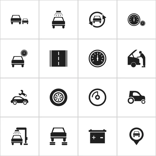Satz von 16 editierbaren Fahrzeug-Symbolen. beinhaltet Symbole wie Autoklave, Fahrzeugauto, Geschwindigkeitsanzeige und vieles mehr. kann für Web-, Mobil-, UI- und Infografik-Design verwendet werden. — Stockvektor