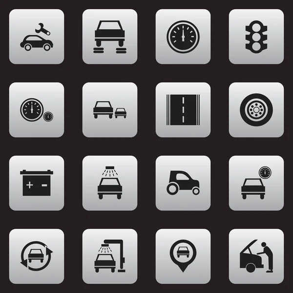 Satz von 16 editierbaren Auto-Symbolen. beinhaltet Symbole wie Zeiger, Akku, Auto-Befestigung und vieles mehr. kann für Web-, Mobil-, UI- und Infografik-Design verwendet werden. — Stockvektor