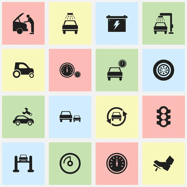 Set Of 16 Editable Vehicle Icons. Includes Symbols Such As Battery, Race, Automotive Fix And More. Can Be Used For Web, Mobile, UI And Infographic Design. — Stock Vector