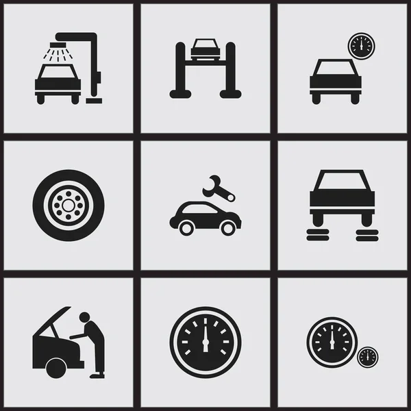 Set Of 9 Editable Traffic Icons. Includes Symbols Such As Speedometer, Vehicle Wash, Tire And More. Can Be Used For Web, Mobile, UI And Infographic Design. — Stock Vector