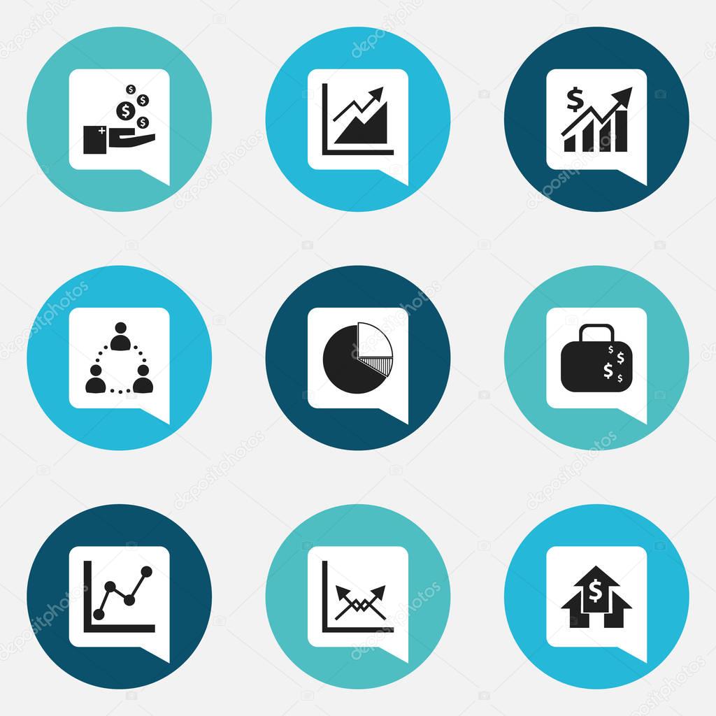 Set Of 9 Editable Statistic Icons. Includes Symbols Such As Banking House, Progress, Circle Diagram And More. Can Be Used For Web, Mobile, UI And Infographic Design.