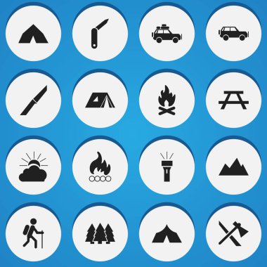 16 düzenlenebilir seyahat simgeler kümesi. Ateş, yolculuk Araba, çadır ve daha fazlası gibi simgeler içerir. Web, mobil, UI ve Infographic tasarımı için kullanılabilir.