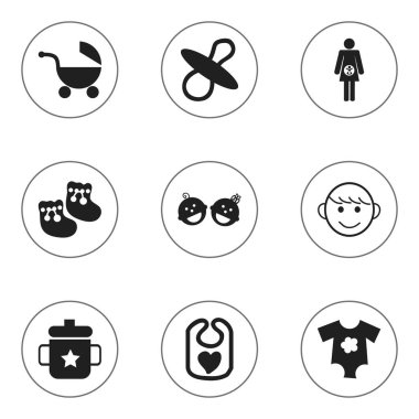 9 düzenlenebilir çocuk simgeler kümesi. Neşeli Çocuklar, Ayakkabı gibi simgeler için bebekler, önlük ve daha fazlasını içerir. Web, mobil, UI ve Infographic tasarımı için kullanılabilir.