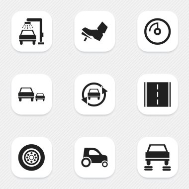 9 düzenlenebilir taşıma simgeler kümesi. Yarış, araç yıkama, ayarlama otomatik ve daha fazlası gibi simgeler içerir. Web, mobil, UI ve Infographic tasarımı için kullanılabilir.