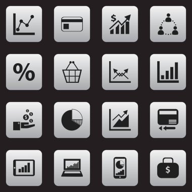 16 düzenlenebilir Analytics simgeler kümesi. Banka ödemesi, para çantasını, çubuk grafik ve daha fazlası gibi simgeler içerir. Web, mobil, UI ve Infographic tasarımı için kullanılabilir.