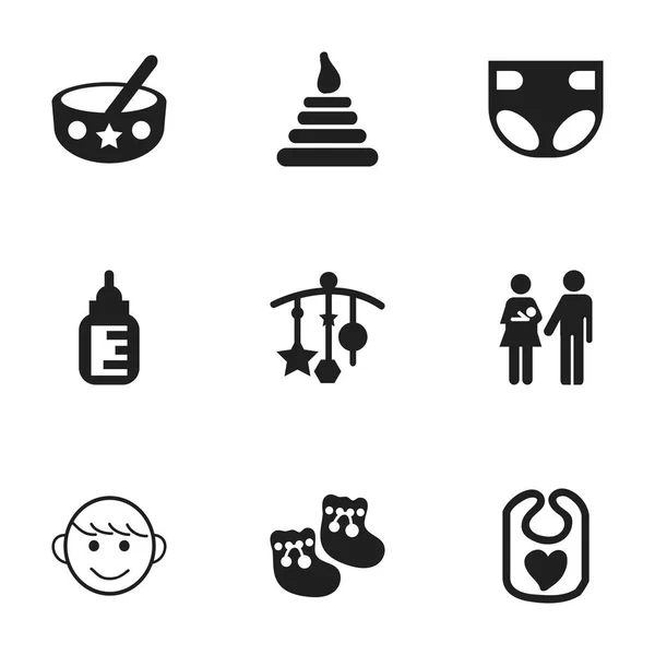 Ensemble de 9 icônes bébé modifiables. Comprend des symboles tels que cuillère, lignée, tour et plus. Peut être utilisé pour le Web, mobile, interface utilisateur et infographie . — Image vectorielle