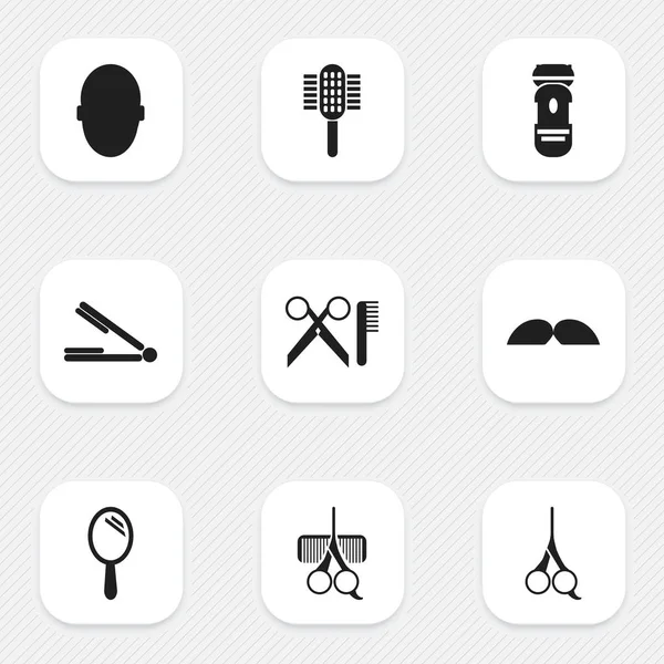Набір з 9 значків перукарів. Включає в себе такі символи, як гоління, вуса, мозок і багато іншого. Може використовуватися для веб, мобільного, інтерфейсу та інфографіки . — стоковий вектор