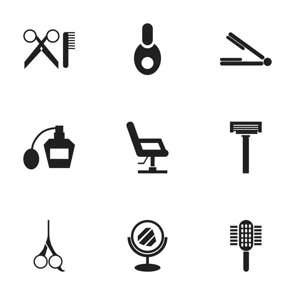 Set de 9 iconos editables del artista tonsorial. Incluye símbolos tales como frasco, afeitadora, mirón y más. Puede ser utilizado para el diseño de la tela, móvil, interfaz de usuario e infografía . — Vector de stock