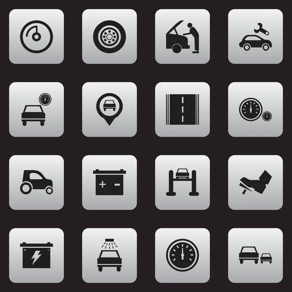 Satz von 16 editierbaren Transport-Symbolen. umfasst Symbole wie Reifen, Autoservice, Lauffläche und mehr. kann für Web-, Mobil-, UI- und Infografik-Design verwendet werden. — Stockvektor