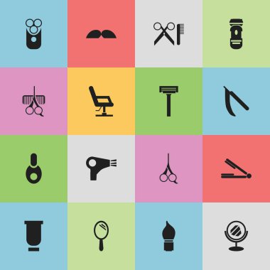 16 düzenlenebilir Kuaför simgeler kümesi. Tıraş makinesi, konteyner, Blade ve daha fazlası gibi simgeler içerir. Web, mobil, UI ve Infographic tasarımı için kullanılabilir.