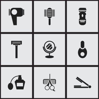 9 düzenlenebilir berber simgeler kümesi. Tıraş, şişe, tıraş makinesi ve daha fazlası gibi simgeler içerir. Web, mobil, UI ve Infographic tasarımı için kullanılabilir.