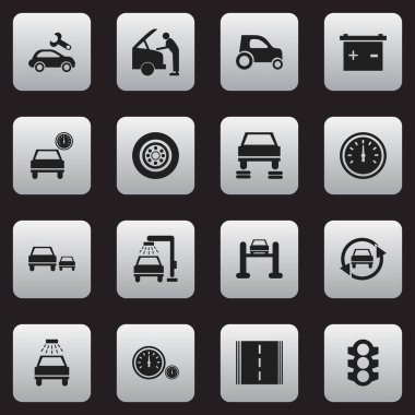 16 düzenlenebilir taşıma simgeler kümesi. Hız göstergesi, araç Araba, araba tamir ve daha fazlası gibi simgeler içerir. Web, mobil, UI ve Infographic tasarımı için kullanılabilir.