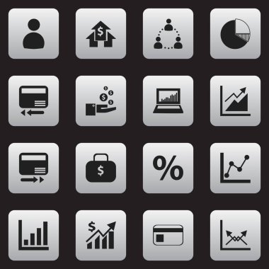16 düzenlenebilir Analytics simgeler kümesi. Şema, para çantasını, kredi kartı ve daha fazlası gibi simgeler içerir. Web, mobil, UI ve Infographic tasarımı için kullanılabilir.