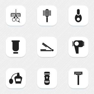 9 düzenlenebilir berber simgeler kümesi. Kabı, tıraş, saç alın gibi sembolleri içerir kurutma makinesi ve daha fazlası. Web, mobil, UI ve Infographic tasarımı için kullanılabilir.