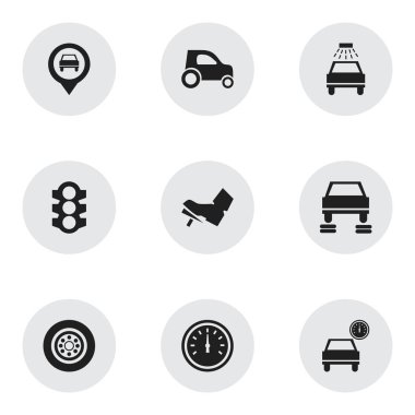 9 düzenlenebilir taşıma simgeler kümesi. Trafik ışığı, hız kontrolü, oto tamir ve daha fazlası gibi simgeler içerir. Web, mobil, UI ve Infographic tasarımı için kullanılabilir.