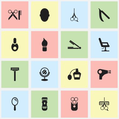 16 düzenlenebilir kuaförlük simgeler kümesi. Kesici alet, bodur, kesme aracı ve daha fazlası gibi simgeler içerir. Web, mobil, UI ve Infographic tasarımı için kullanılabilir.