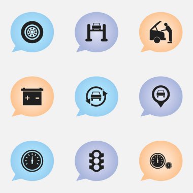 9 düzenlenebilir araba simgeler kümesi. Oto Servisi, işaretçi, trafik ışığı ve daha fazlası gibi simgeler içerir. Web, mobil, UI ve Infographic tasarımı için kullanılabilir.