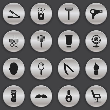 16 düzenlenebilir Kuaför simgeler kümesi. Almak gibi simgeler içeren saç kurutma makinesi, tıraş, bodur ve daha fazlası. Web, mobil, UI ve Infographic tasarımı için kullanılabilir.