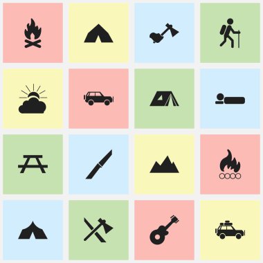 16 düzenlenebilir gezi simgeler kümesi. Tomahawk, ateş, müzik aleti ve daha fazla gibi simgeler içerir. Web, mobil, UI ve Infographic tasarımı için kullanılabilir.