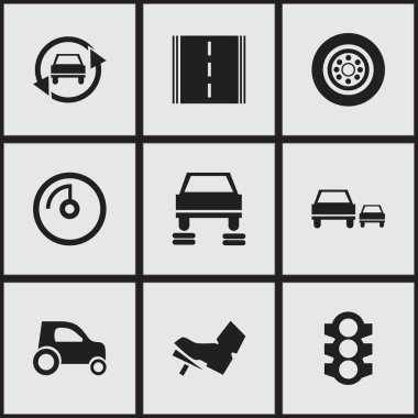 9 düzenlenebilir araç simgeler kümesi. Hız ekran, pedalla, yarış ve daha fazlası gibi simgeler içerir. Web, mobil, UI ve Infographic tasarımı için kullanılabilir.