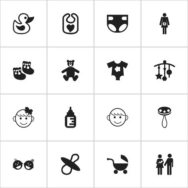 16 düzenlenebilir çocuk simgeler kümesi. Emzikler, gebelik, Rattle ve daha fazlası gibi simgeler içerir. Web, mobil, UI ve Infographic tasarımı için kullanılabilir.