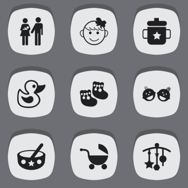 9 düzenlenebilir bebek simgeler kümesi. Sembolleri içerir, bebek arabası, süslüyor gibi bebekler ve daha fazlası için ayakkabı. Web, mobil, UI ve Infographic tasarımı için kullanılabilir.