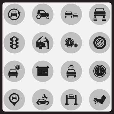 16 düzenlenebilir araç simgeler kümesi. Trafik ışığı, işaretçi, otomobil ve daha fazlası gibi simgeler içerir. Web, mobil, UI ve Infographic tasarımı için kullanılabilir.