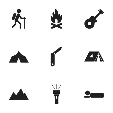 9 düzenlenebilir seyahat simgeler kümesi. Sırt yatağı, tepe, ateş ve daha fazla gibi simgeler içerir. Web, mobil, UI ve Infographic tasarımı için kullanılabilir.