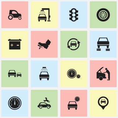 16 düzenlenebilir araç simgeler kümesi. Yarış, araba otomobil, düzeltmek gibi sembolleri ve daha fazlasını içerir. Web, mobil, UI ve Infographic tasarımı için kullanılabilir.