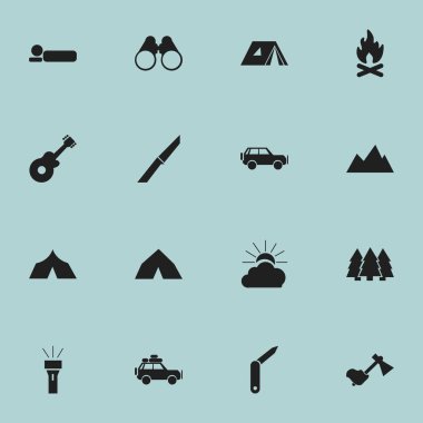 16 düzenlenebilir kamp simgeler kümesi. Bıçak, çam, barınak ve daha fazlası gibi simgeler içerir. Web, mobil, UI ve Infographic tasarımı için kullanılabilir.