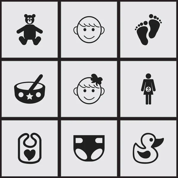 Ensemble de 9 icônes pour enfants modifiables. Comprend des symboles tels que la grossesse, Pinafore, couches et plus. Peut être utilisé pour le Web, mobile, interface utilisateur et infographie . — Image vectorielle
