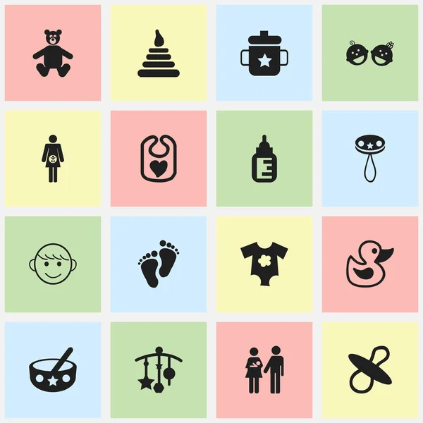 Conjunto de 16 iconos editables. Incluye símbolos como peluche, bebés gemelos, sonajero y más. Puede ser utilizado para el diseño de la tela, móvil, interfaz de usuario e infografía . — Vector de stock