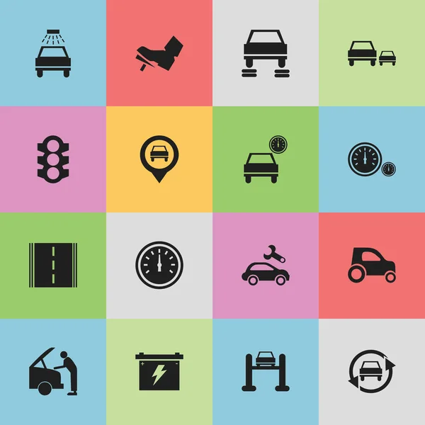 Set van 16 bewerkbare verkeer iconen. Bevat symbolen zoals auto vaststelling, Auto reparatie, stoplicht en meer. Kan worden gebruikt voor Web, Mobile, Ui en Infographic Design. — Stockvector