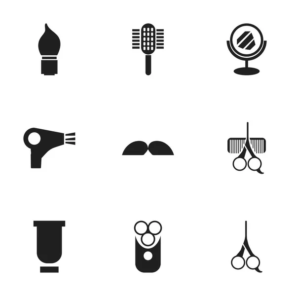 Set de 9 iconos editables del artista tonsorial. Incluye símbolos tales como aparato de corte, desecador, mirón y más. Puede ser utilizado para el diseño de la tela, móvil, interfaz de usuario e infografía . — Vector de stock