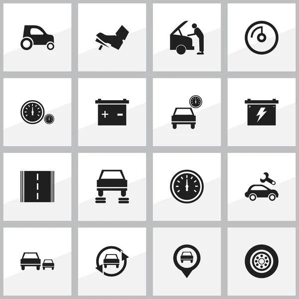 Set van 16 bewerkbare vervoer iconen. Bevat symbolen zoals snelheidsmeter, Highway, tot vaststelling van de auto en meer. Kan worden gebruikt voor Web, Mobile, Ui en Infographic Design. — Stockvector