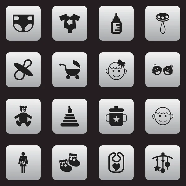 Set di 16 icone infantili modificabili. Include simboli come pannolino, torre, pinafore e altro ancora. Può essere utilizzato per la progettazione web, mobile, UI e infografica . — Vettoriale Stock