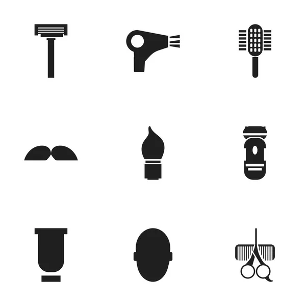 Set de 9 iconos de barbero editables. Incluye símbolos como Whiskers, Contenedores, Cerebros y más. Puede ser utilizado para el diseño de la tela, móvil, interfaz de usuario e infografía . — Vector de stock