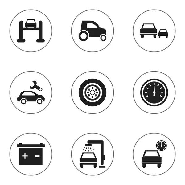 Set van 9 bewerkbare verkeer iconen. Bevat symbolen zoals voertuig wassen, auto Fix, Race en meer. Kan worden gebruikt voor Web, Mobile, Ui en Infographic Design. — Stockvector