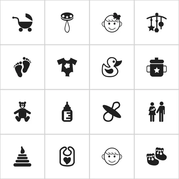 Conjunto de 16 iconos infantiles editables. Incluye símbolos como Goplet, Torre, Niño alegre y más. Puede ser utilizado para el diseño de la tela, móvil, interfaz de usuario e infografía . — Archivo Imágenes Vectoriales