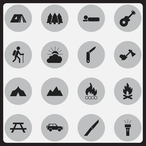 Conjunto de 16 iconos de viaje editables. Incluye símbolos como el rollo de cama, la linterna, el amanecer y más. Puede ser utilizado para el diseño de la tela, móvil, interfaz de usuario e infografía . — Vector de stock