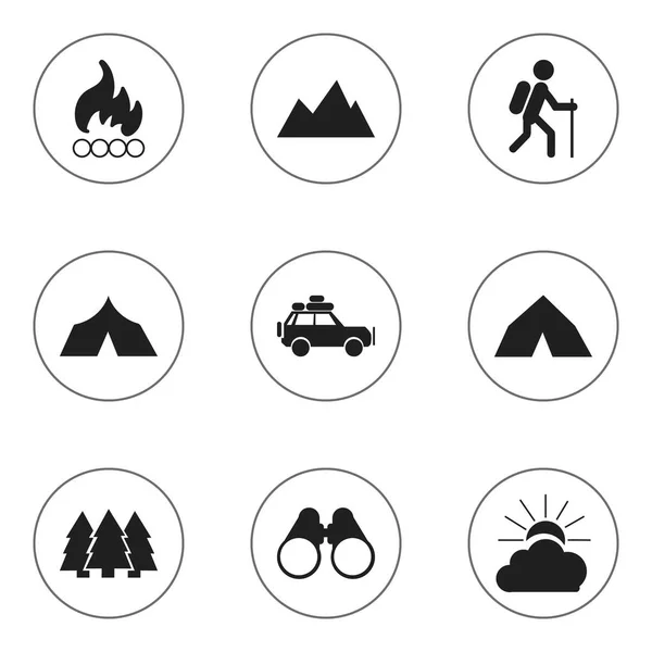 Set de 9 iconos de viaje editables. Incluye símbolos como tipi, coche de viaje, pico y más. Puede ser utilizado para el diseño de la tela, móvil, interfaz de usuario e infografía . — Vector de stock