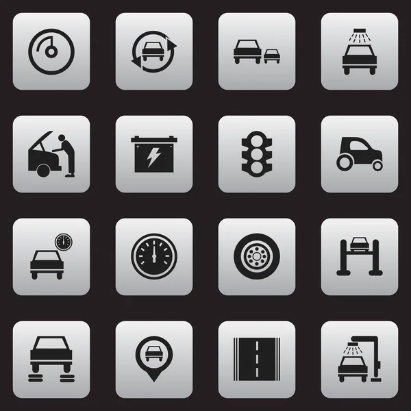 Σύνολο των 16 εικονίδια επεξεργάσιμο μεταφορών. Περιλαμβάνει σύμβολα, όπως φυλή, αυτοκίνητο Lave, Tuning Auto και περισσότερο. Μπορεί να χρησιμοποιηθεί για Web, Mobile, Ui και σχεδίασης γραφήματος. — Διανυσματικό Αρχείο