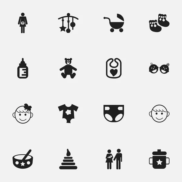 Conjunto de 16 iconos infantiles editables. Incluye símbolos como Pinafore, vestidos pequeños, cochecito y más. Puede ser utilizado para el diseño de la tela, móvil, interfaz de usuario e infografía . — Vector de stock