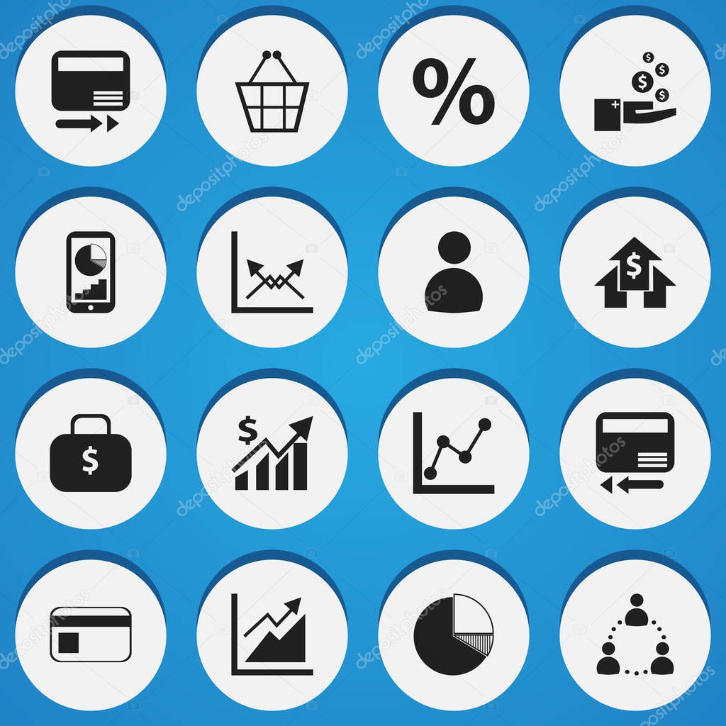 Set Of 16 Editable Statistic Icons. Includes Symbols Such As Graph Information, Progress, Credit Card And More. Can Be Used For Web, Mobile, UI And Infographic Design.