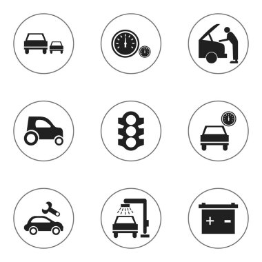 9 düzenlenebilir Rating simgeler kümesi. Araç Araba, hız göstergesi, araç yıkama ve daha fazlası gibi simgeler içerir. Web, mobil, UI ve Infographic tasarımı için kullanılabilir.