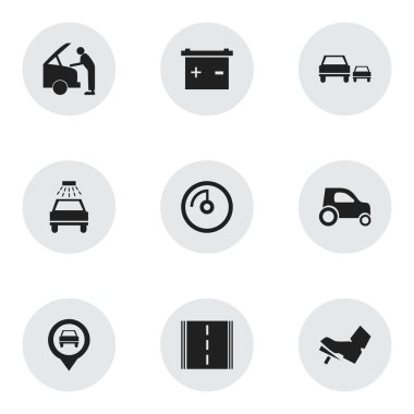 9 düzenlenebilir araç simgeler kümesi. Yarış, akü, araç araba ve daha fazla gibi simgeler içerir. Web, mobil, UI ve Infographic tasarımı için kullanılabilir.