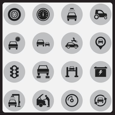 16 düzenlenebilir taşıma simgeler kümesi. Oto Servisi, otomobil, oto tamir ve daha fazlası gibi simgeler içerir. Web, mobil, UI ve Infographic tasarımı için kullanılabilir.