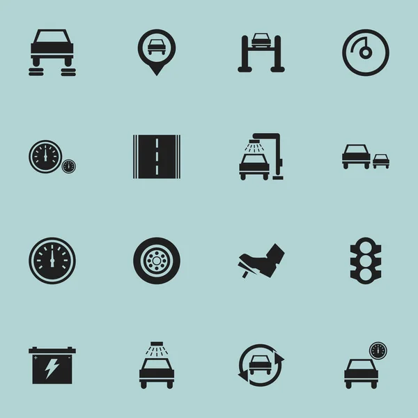 Set van 16 bewerkbare voertuig iconen. Bevat symbolen zoals Stoplight, Tuning Auto, snelheid Display en meer. Kan worden gebruikt voor Web, Mobile, Ui en Infographic Design. — Stockvector