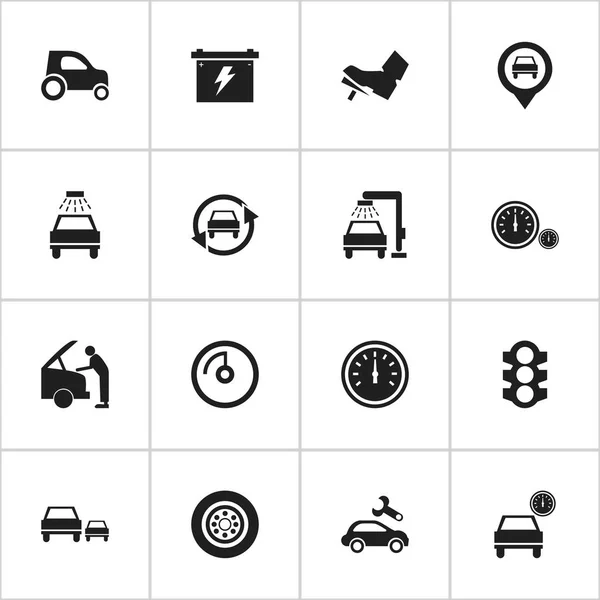 Satz von 16 editierbaren Transport-Symbolen. beinhaltet Symbole wie Batterie, Automobil, Fahrzeug Auto und mehr. kann für Web-, Mobil-, UI- und Infografik-Design verwendet werden. — Stockvektor