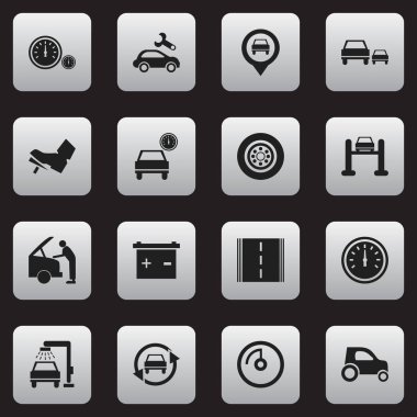 16 düzenlenebilir araba simgeler kümesi. Araç yıkama, hız kontrolü, ayarlama otomatik ve daha fazlası gibi simgeler içerir. Web, mobil, UI ve Infographic tasarımı için kullanılabilir.